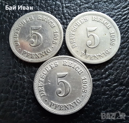Стара монета 5 пфенига 1908 г. букви A , D и F - Германия -три разновидности !, снимка 13 - Нумизматика и бонистика - 39779148