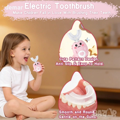 Детска електрическа четка за зъби U-образна, 360º, 3 режима, IPX7, 4 глави, снимка 3 - Други - 53901224