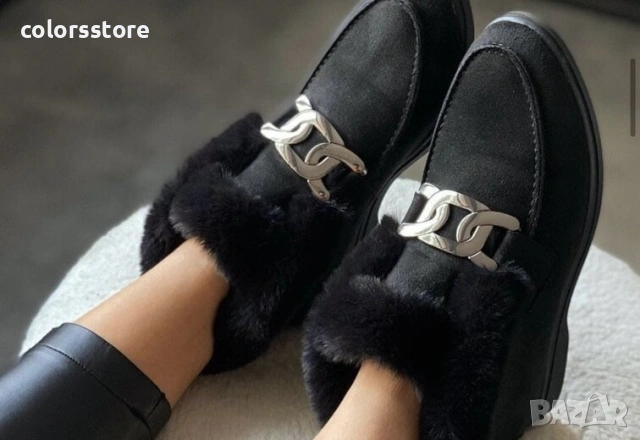 Равни боти - черен велур с черен ЕСТЕСТВЕН пух - TJ20 