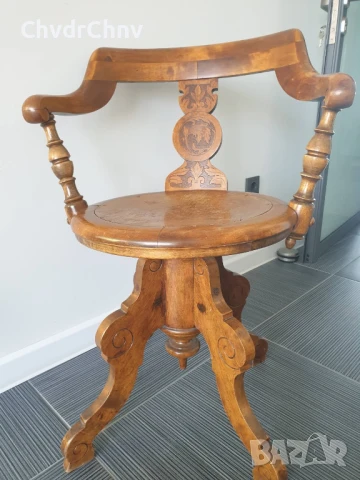 Стар дървен стол на винт/регулируем/с подлакътници/дърворезба/83см, снимка 2 - Антикварни и старинни предмети - 51312138