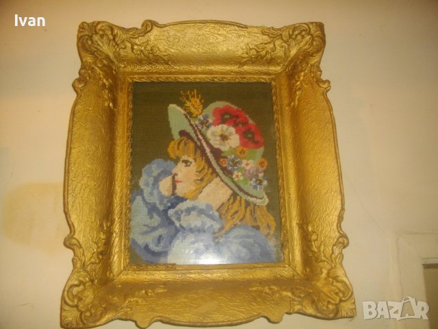 Стар/Старинен DMC Гоблен-Ръчно Нашиван-Германия-Рамкиран-Гипс-460х390мм-Момиче С Боне-ОТЛИЧЕН, снимка 5 - Гоблени - 37088937