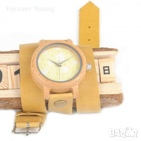 Дамски дървен часовник от бамбук с увиваща се каишка в жълто, снимка 5 - Дамски - 38287344