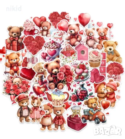 50 бр Мече мечета сърце Свети Валентин самозалепващи лепенки стикери за украса декор картонена торта