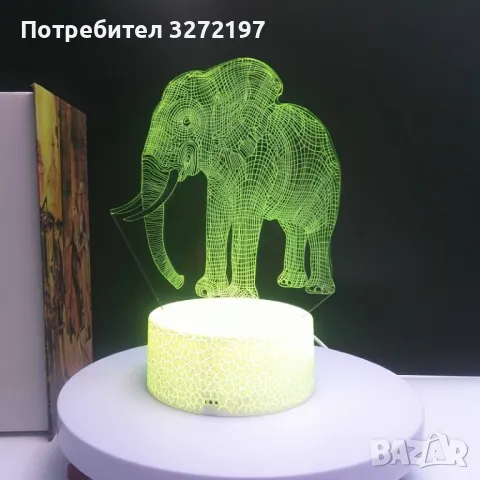 Холограмна 3D LED лампа Слон-дистанционно управление 16 цвята+други режими на управление, снимка 5 - Настолни лампи - 49504588