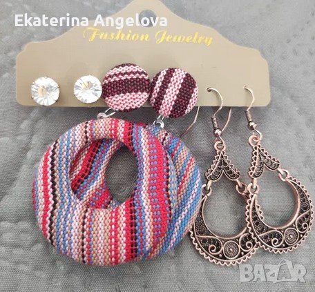 3 чифта oбици обеци бохо висящи, червени, медни boho earring set, снимка 1 - Обеци - 38747777