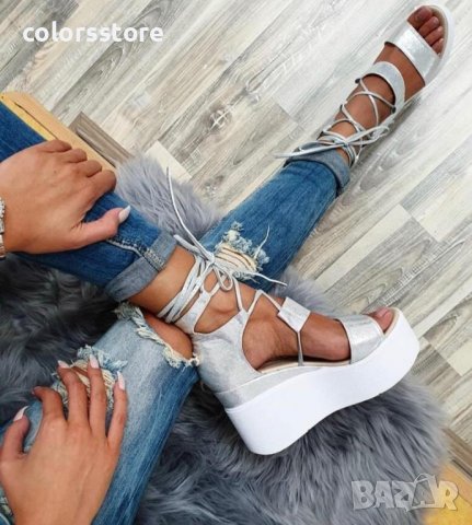 Сандали на платформа - сребриста кожа - 307, снимка 2 - Сандали - 37148839