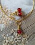 Прелестен комплект колие и обици с рубинено червени мъниста и изящни орнаменти в цвят Антично злато, снимка 5
