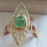 Стар златен пръстен с диаманти и изумруд злато 18к, снимка 2 - Пръстени - 42519597