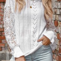 Дамска плетена блуза в бяло с ефектна бродерия, от памук и акрил, снимка 3 - Блузи с дълъг ръкав и пуловери - 42814561