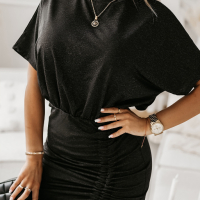 Дамска рокля в черно с къс ръкав и ефектен набор с връзки, снимка 1 - Рокли - 44631722