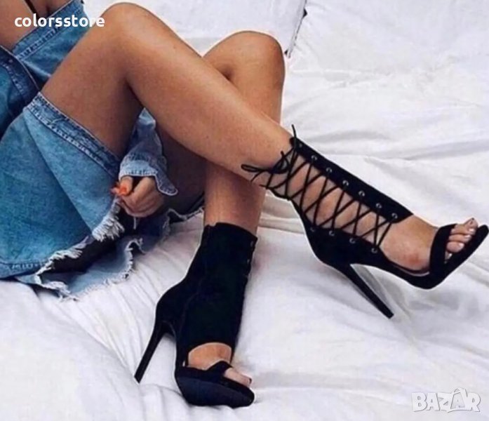 Летни боти на ток - черен велур- FM21, снимка 1