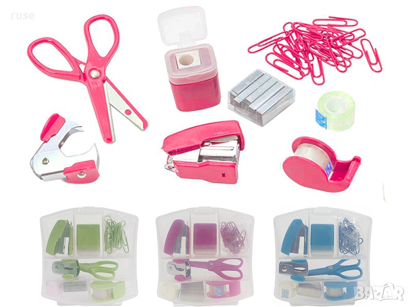 НОВИ! НОВИ! Комплект мини телбод антителбод тиксо държач за тиксо ножичка острилка кламе, снимка 1