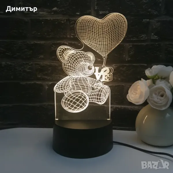 Нова LED 3D лампа Мече с балон сърце, снимка 1