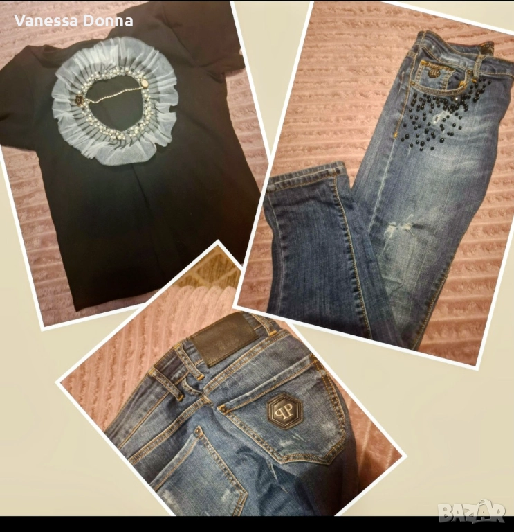 Дънки Philipp plein тениска -Крем от рози-, снимка 1