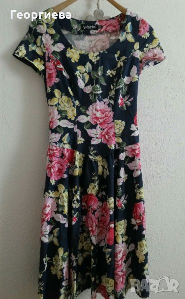 Красива тъмносиня рокля с флорален десен, снимка 1