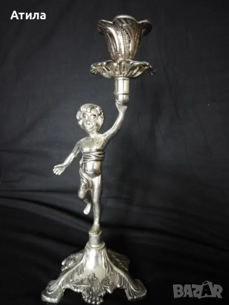 свещник херувим сребрист метал 25/10 см, снимка 1