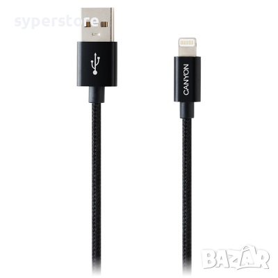 Кабел Lightning към USB за iPhone 5, 6, 7 и др. CANYON CNE-CFI3B 1м Оплетка Черен, Lightning to USB, снимка 1