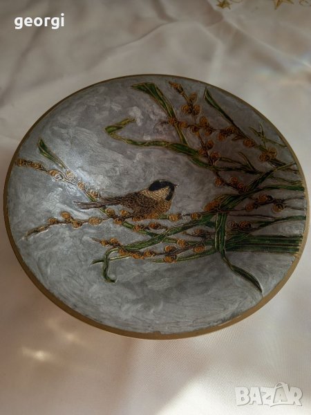 Бронзова емайлирана фруктиера с птичка , снимка 1