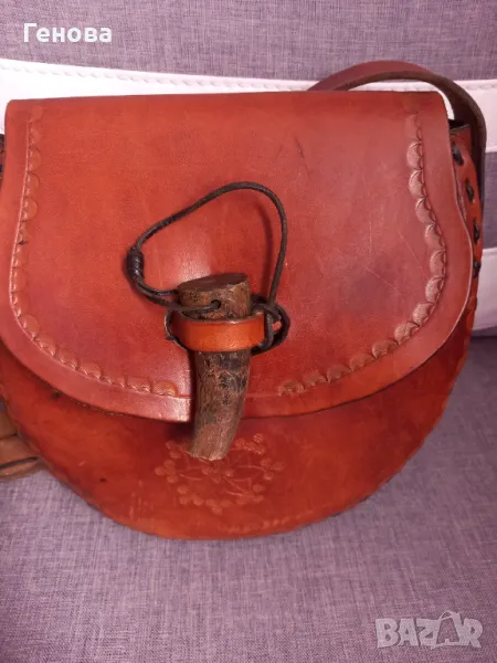 Уникална дамска чанта естествена кожа с закопчалка от рог, снимка 1