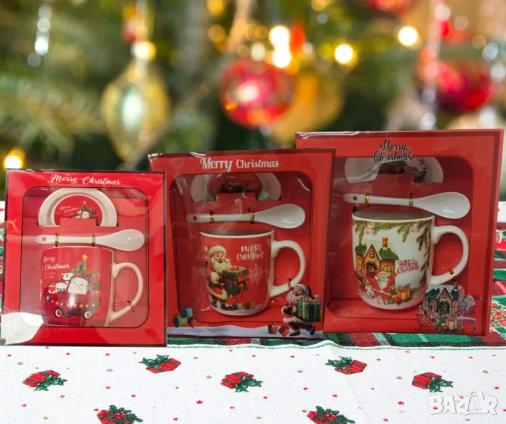 Порцеланова Коледна чаша с чинийка и лъжичка, в кутия, снимка 1