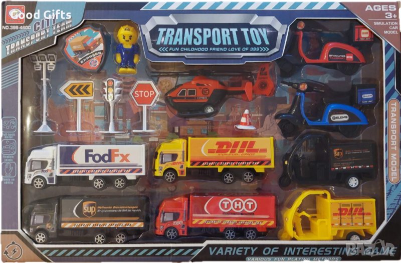 Голям комплект транспортни коли и хеликоптер + знаци , снимка 1