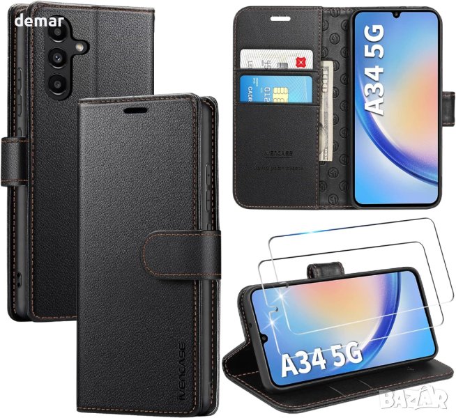ivencase калъф за Samsung Galaxy A34 5G и 2 протектора от закалено стъкло, (черен), снимка 1
