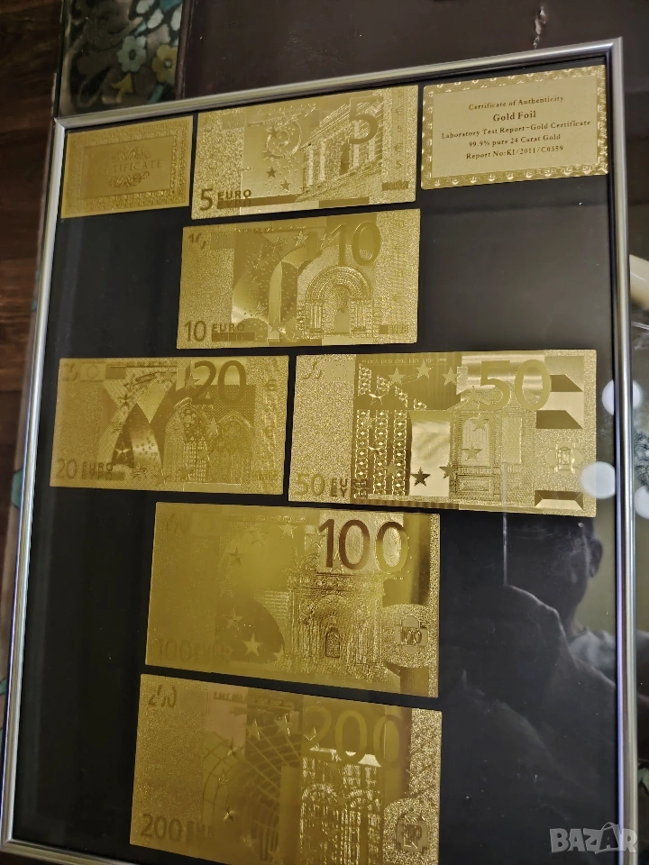 Колекция от позлатени Евро банкноти в сребриста рамка., снимка 1