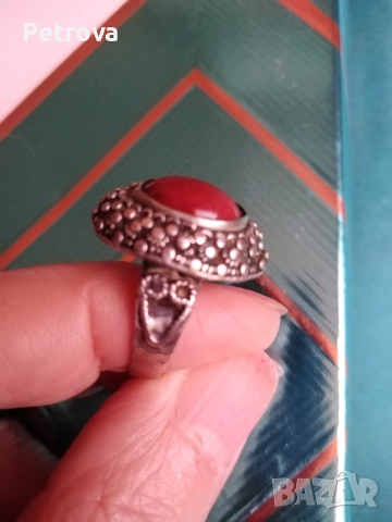 Сребърен пръстен с Яспис, снимка 3 - Пръстени - 51503870