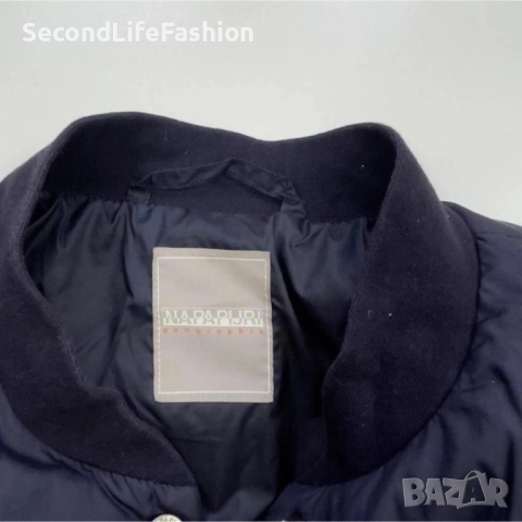 Дамско бомбър яке Napapijri с копчета, размер L, тъмносиньо с ватирани памучни ръкави, снимка 2 - Якета - 52858644