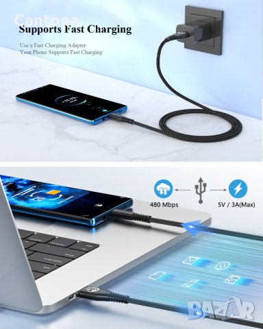 2 броя Aioneus USB C кабел 3A , за бързо зареждане 1,8 м, плетена оплетка, снимка 5 - USB кабели - 42624587