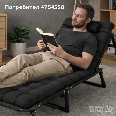 Сгъваемо къмпинг легло и градински шезлонг 2в1, с мек матрак и възглавница, Регулируем, Черен, 180x5, снимка 3 - Спални и легла - 53879646