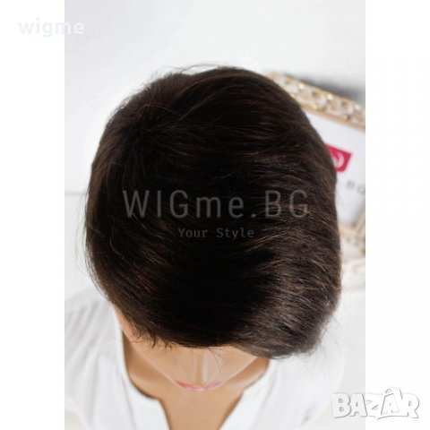 Къса тъмнокестенява перука от естествен косъм с бретон Регина, снимка 8 - Аксесоари за коса - 34515376