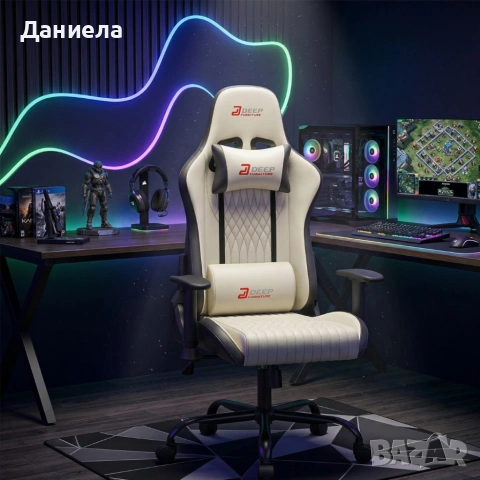 Ергономичен бял геймърски стол с поставка за крака, регулируема височина и 3D подлакътници, снимка 3 - Столове - 54048057