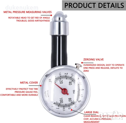 Механичен манометър за гуми 0–100 PSI, снимка 3 - Аксесоари и консумативи - 51691052
