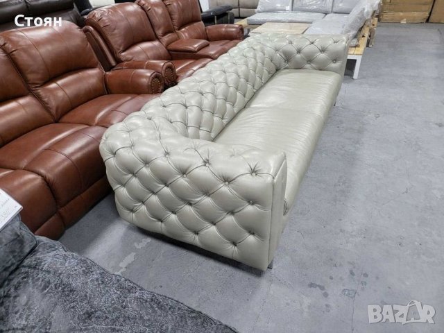 Голям сив кожен диван Честърфийлд - естествена кожа, снимка 7 - Дивани и мека мебел - 39718256