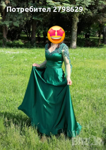 Зелена сатенена рокля с камъни и мъниста , снимка 1