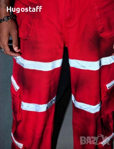 Нови baggy Casual Loose Fit Jeans дънки панталони карго  тъмно червени пожарникари размер 34, снимка 4 - Дънки - 52512547