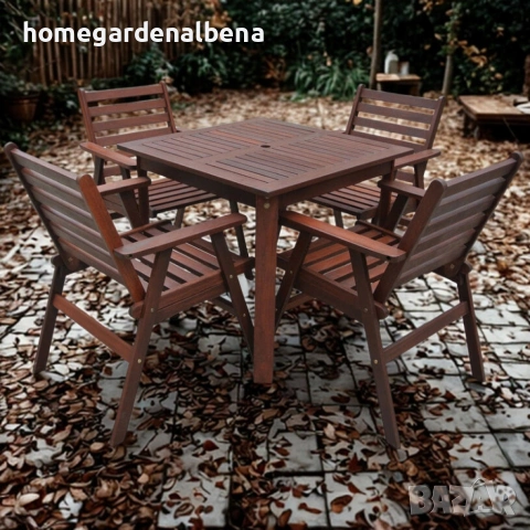 Градински комплект Tirora Muhler Meranti – 5 части, дърво, маса + 4 стола, снимка 2 - Градински мебели, декорация  - 54118225