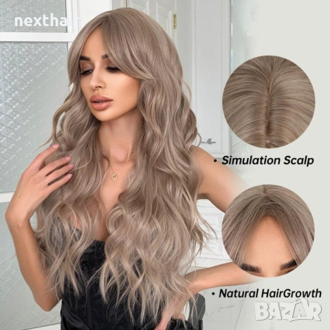 Тъмно руса вълнообразна синтетична перука – 60 см, снимка 4 - Аксесоари за коса - 53043040