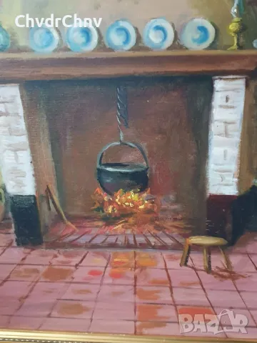 Ceuls 74х67см/стара картина масло върху платно/натюрморт-стая-камина/дървена рамка, снимка 3 - Картини - 49183872