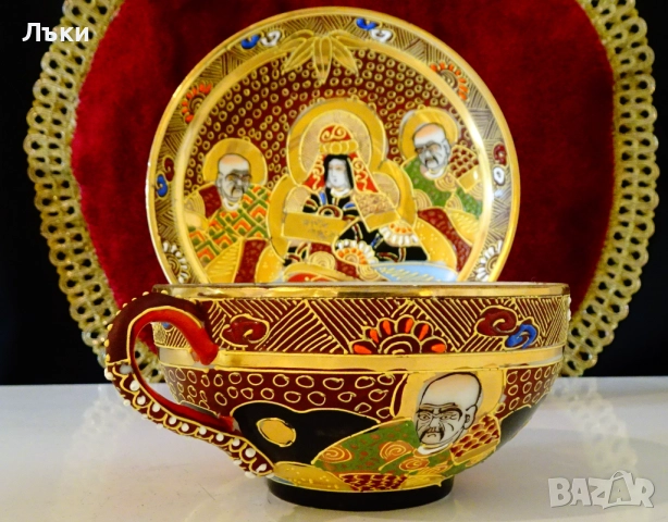 Чаша с чиния японски порцелан Satsuma,злато. , снимка 5 - Антикварни и старинни предмети - 51659926