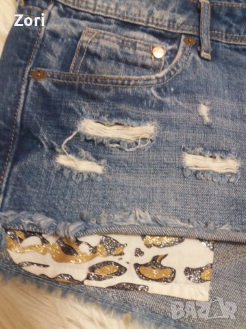 УНИКАЛНИ къси дънки с блестящи джобове в леопардов принт, снимка 2 - Дънки - 42266059