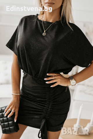 Дамска рокля в черно с къс ръкав и ефектен набор с връзки, снимка 1 - Рокли - 44631722