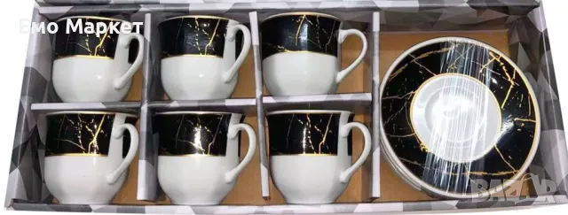Комплект от 6 броя чаши и чинийки с мраморен ефект, снимка 2 - Други - 48874740