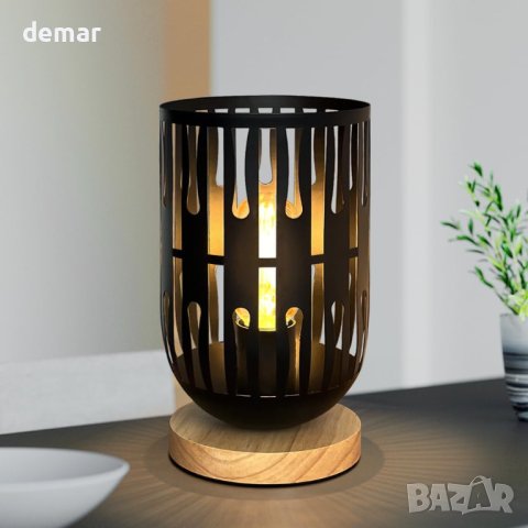 HHMTAKA Метална LED нощна лампа с дървена основа, черна, 22 см, снимка 2 - Настолни лампи - 44185998
