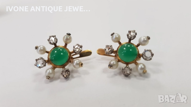 Златни обеци с диаманти , хризопрас и перли , снимка 3 - Обеци - 52794249