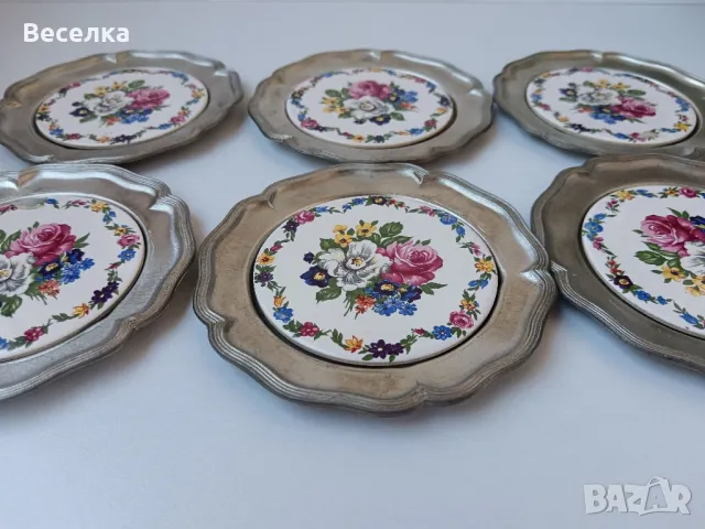 6 бр. калаени чинийки с порцеланови плочки, снимка 2 - Антикварни и старинни предмети - 49890212
