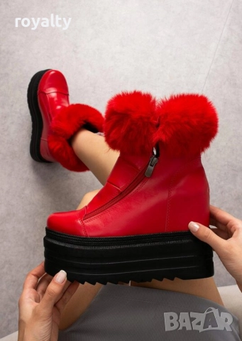 Боти на Платформа - Червена Кожа с Пух, снимка 2 - Дамски боти - 52828118