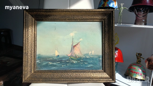 Стара картина , морски пейзаж с маслени бои върху платно в дървена рамка. , снимка 7 - Картини - 53879972