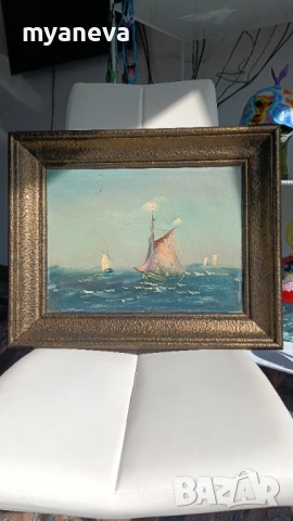 Стара картина , морски пейзаж с маслени бои върху платно в дървена рамка. , снимка 8 - Картини - 53879972
